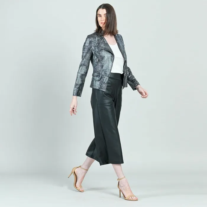 Metallic Liquid Leather Textured Biker Jacket 8211 Gunmetal Silver Women Clara Sunwoo Jackets Cardigans