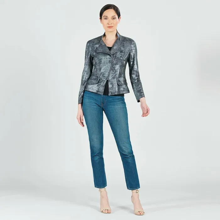 Metallic Liquid Leather Textured Biker Jacket 8211 Gunmetal Silver Women Clara Sunwoo Jackets Cardigans