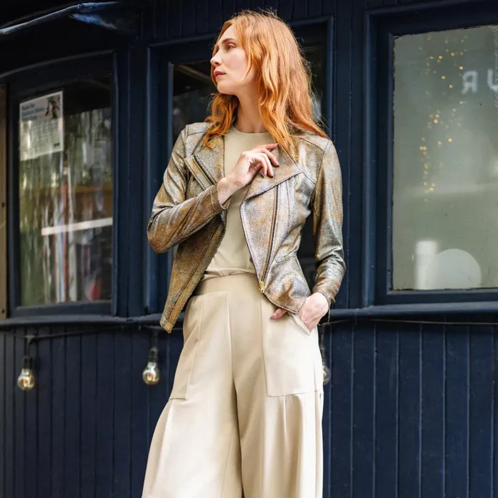 Metallic Liquid Leather Textured Signature Jacket 8211 Copper Women Clara Sunwoo Jackets Cardigans
