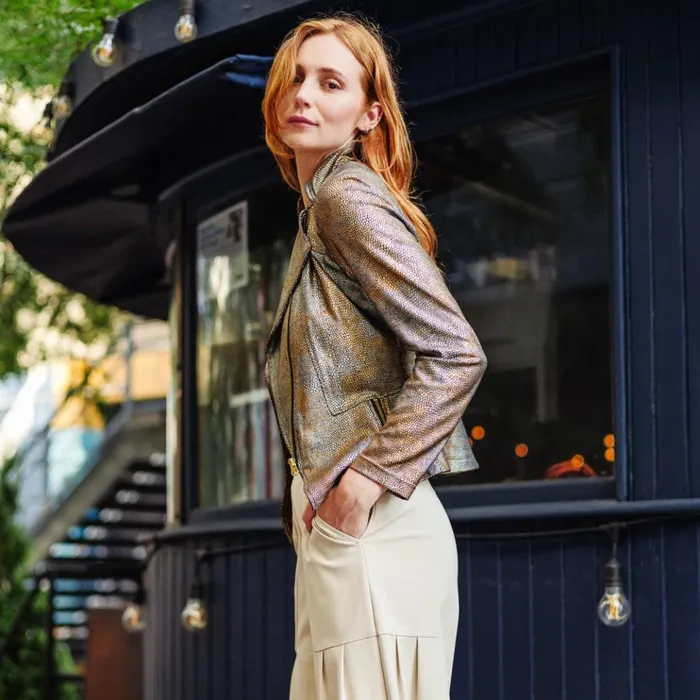 Metallic Liquid Leather Textured Signature Jacket 8211 Copper Women Clara Sunwoo Jackets Cardigans