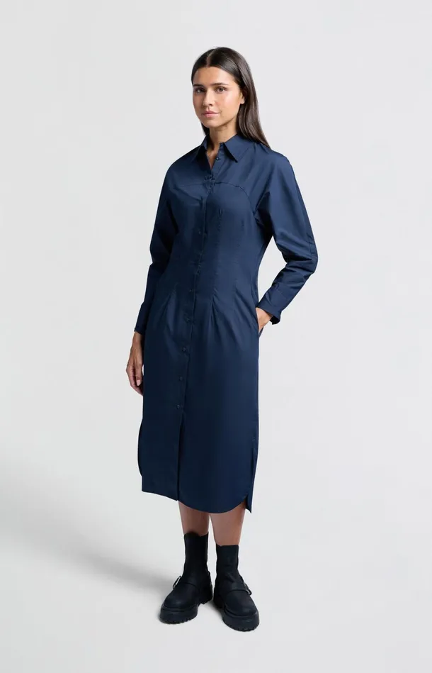 Midi Shirt Dress With Buttons Collar And Long Sleeves Outer Space Blue Women YAYA Dresses Midi Shirt Dress With Buttons Collar And Long Sleeves Outer Space Blue Women YAYA Dresses