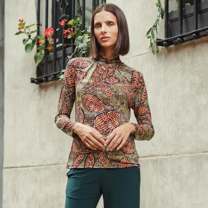 Mock Neck Pleated Detail Top 8211 Mosaic Leaves Women Clara Sunwoo Tops Tunics