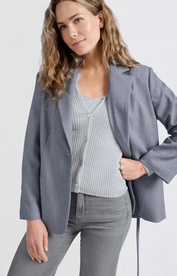 Oversized Blazer With Belt And Classic Lapels Naval Academy Blue Melange Women YAYA Blazers Oversized Blazer With Belt And Classic Lapels Naval Academy Blue Melange Women YAYA Blazers