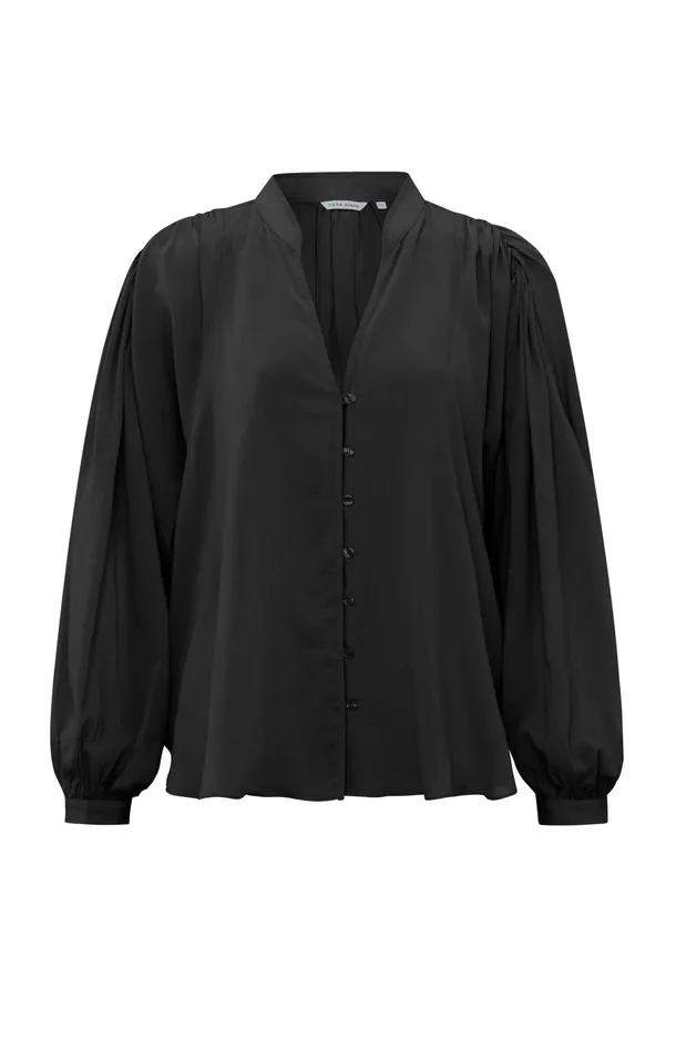 Oversized Blouse With Vneck Big Balloon Sleeves And Button Black Women YAYA Blouses Oversized Blouse With Vneck Big Balloon Sleeves And Button Black Women YAYA Blouses