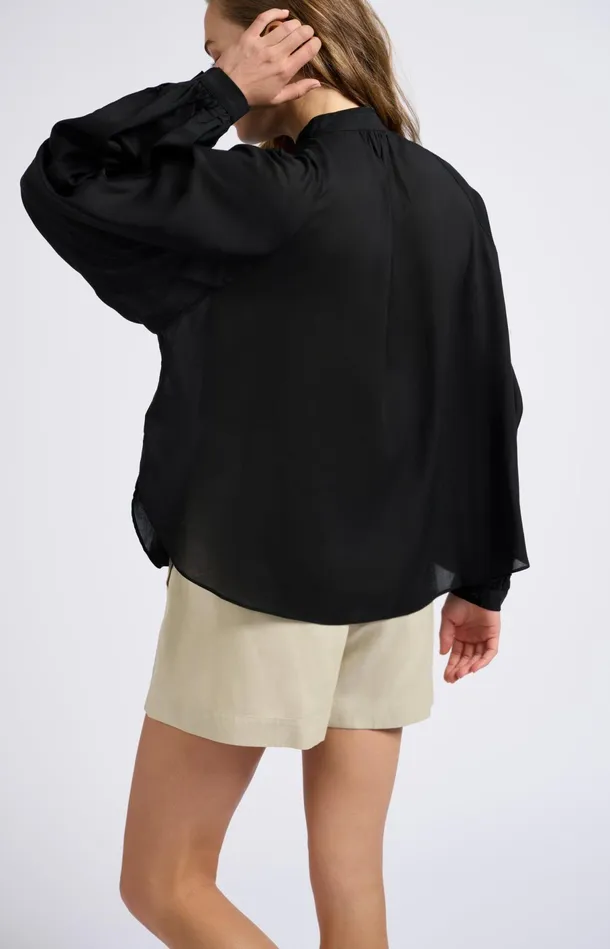 Oversized Blouse With Vneck Big Balloon Sleeves And Button Black Women YAYA Blouses Oversized Blouse With Vneck Big Balloon Sleeves And Button Black Women YAYA Blouses