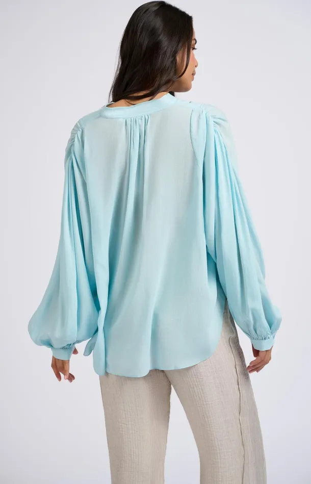Oversized Blouse With Vneck Big Balloon Sleeves And Button Sea Angel Blue Women YAYA Blouses Oversized Blouse With Vneck Big Balloon Sleeves And Button Sea Angel Blue Women YAYA Blouses