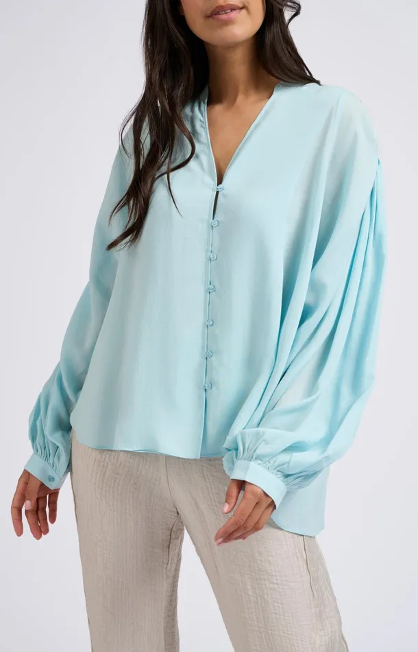 Oversized Blouse With Vneck Big Balloon Sleeves And Button Sea Angel Blue Women YAYA Blouses Oversized Blouse With Vneck Big Balloon Sleeves And Button Sea Angel Blue Women YAYA Blouses
