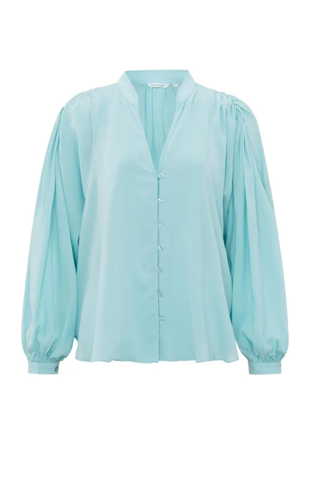 Oversized Blouse With Vneck Big Balloon Sleeves And Button Sea Angel Blue Women YAYA Blouses Oversized Blouse With Vneck Big Balloon Sleeves And Button Sea Angel Blue Women YAYA Blouses