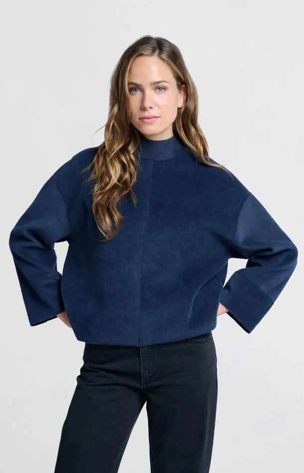 Oversized Dark Blue Sweatshirt With High Neck Outer Space Blue Women YAYA Sweaters Oversized Dark Blue Sweatshirt With High Neck Outer Space Blue Women YAYA Sweaters