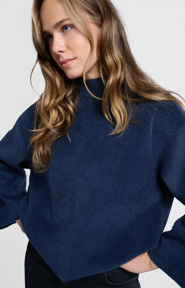 Oversized Dark Blue Sweatshirt With High Neck Outer Space Blue Women YAYA Sweaters Oversized Dark Blue Sweatshirt With High Neck Outer Space Blue Women YAYA Sweaters