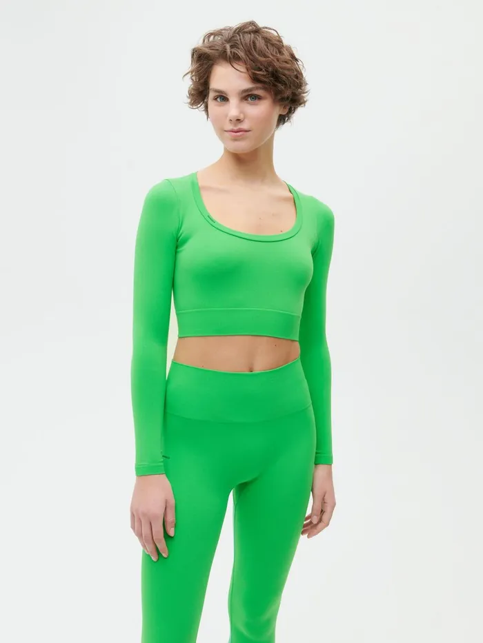 PANGAIA Activewear Cropped Long Sleeve Shirt 20 Jade Green Women Tshirts and Tops