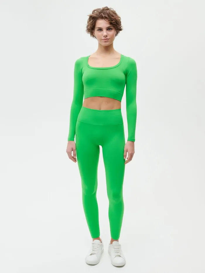 PANGAIA Activewear Cropped Long Sleeve Shirt 20 Jade Green Women Tshirts and Tops