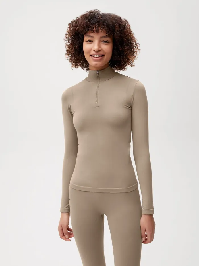 PANGAIA Activewear Long Sleeve Zipped Shirt 20 Taupe Women Tshirts and Tops