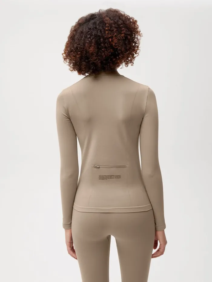 PANGAIA Activewear Long Sleeve Zipped Shirt 20 Taupe Women Tshirts and Tops