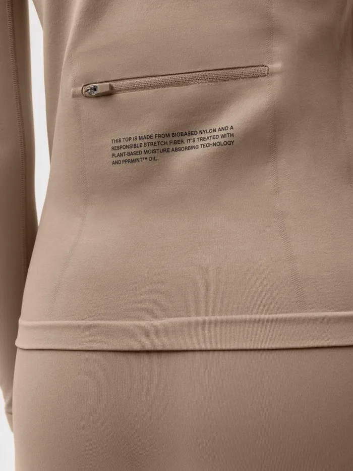 PANGAIA Activewear Long Sleeve Zipped Shirt 20 Taupe Women Tshirts and Tops