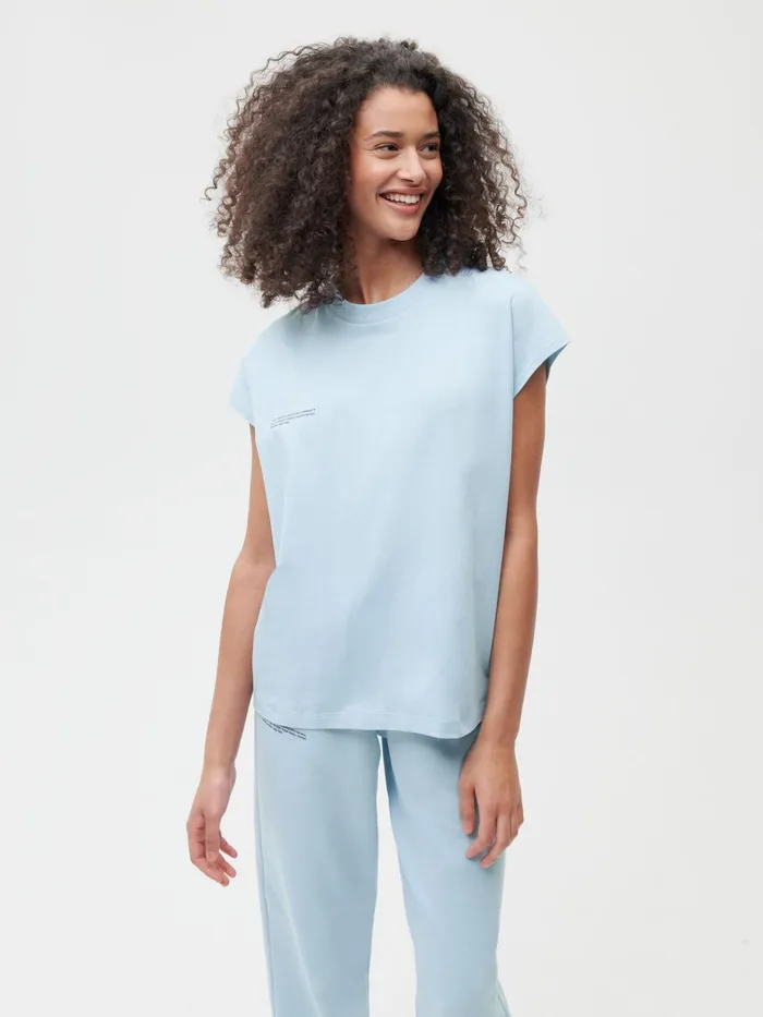PANGAIA PPRMINT Organic Cotton Cropped Shoulder Tshirt Baby Blue Women Tshirts and Tops