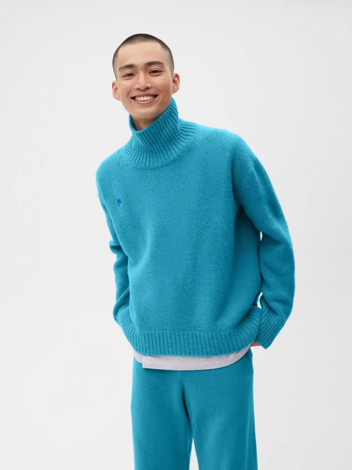 PANGAIA Recycled Cashmere Chunky Turtleneck Sweatshirt Blue Teal Men Knitwear