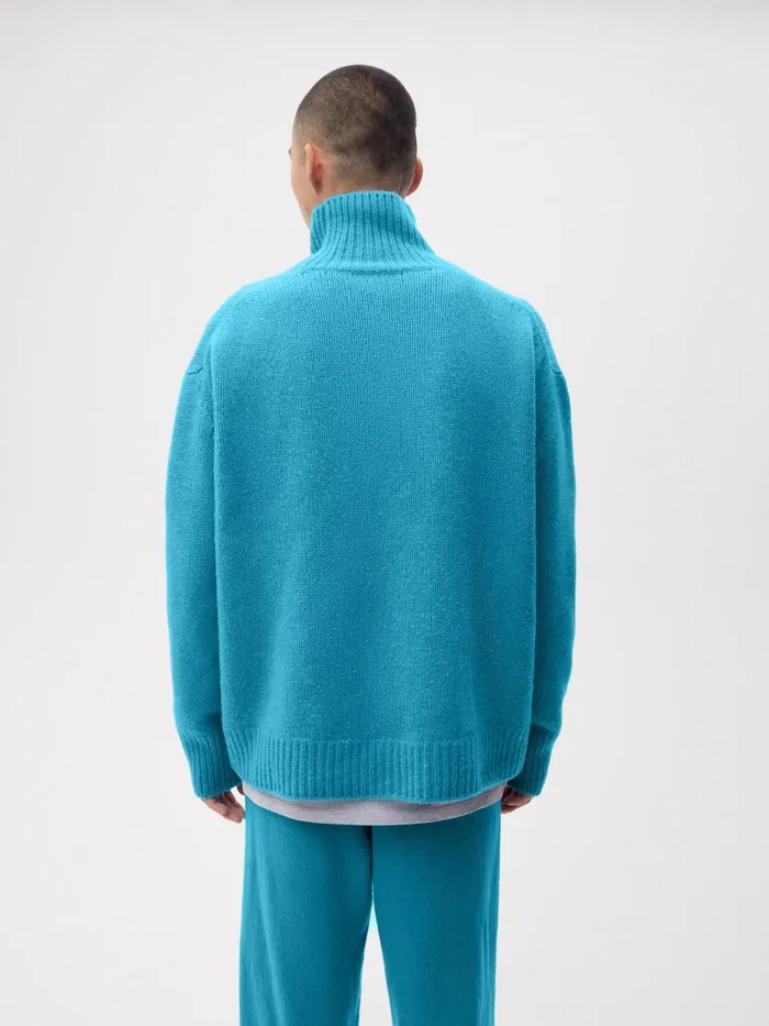 PANGAIA Recycled Cashmere Chunky Turtleneck Sweatshirt Blue Teal Men Knitwear