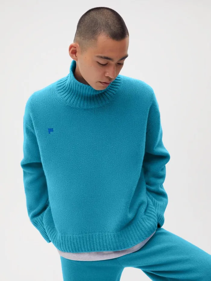 PANGAIA Recycled Cashmere Chunky Turtleneck Sweatshirt Blue Teal Men Knitwear