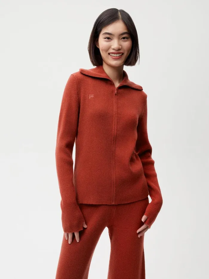 PANGAIA Recycled Cashmere Rib Zipped Top Jasper Red Men Knitwear