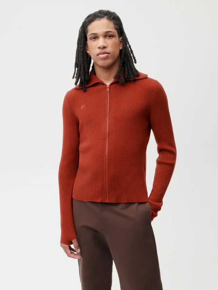 PANGAIA Recycled Cashmere Rib Zipped Top Jasper Red Men Knitwear