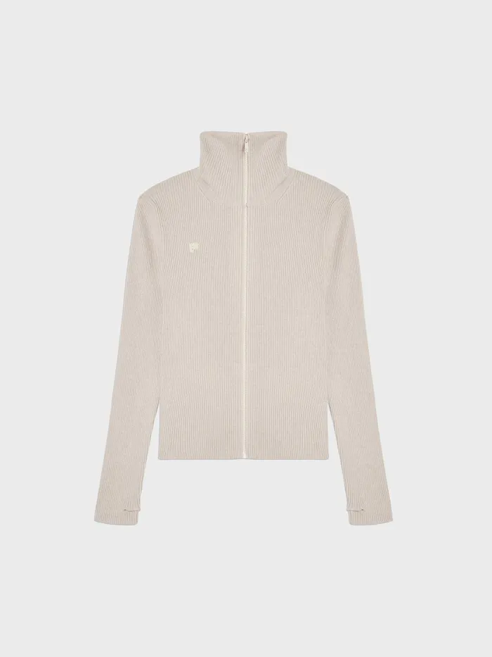 PANGAIA Recycled Cashmere Rib Zipped Top Oatmeal Women Knitwear