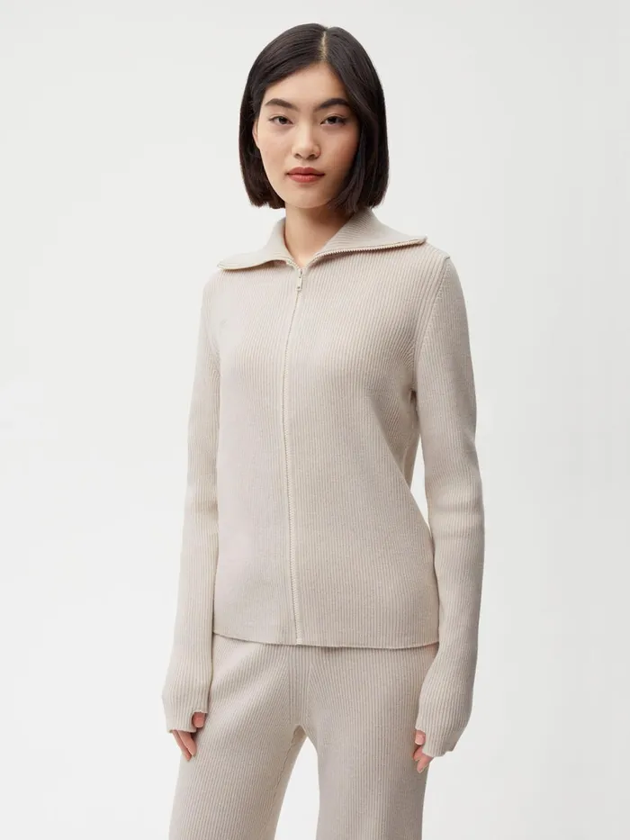 PANGAIA Recycled Cashmere Rib Zipped Top Oatmeal Women Knitwear