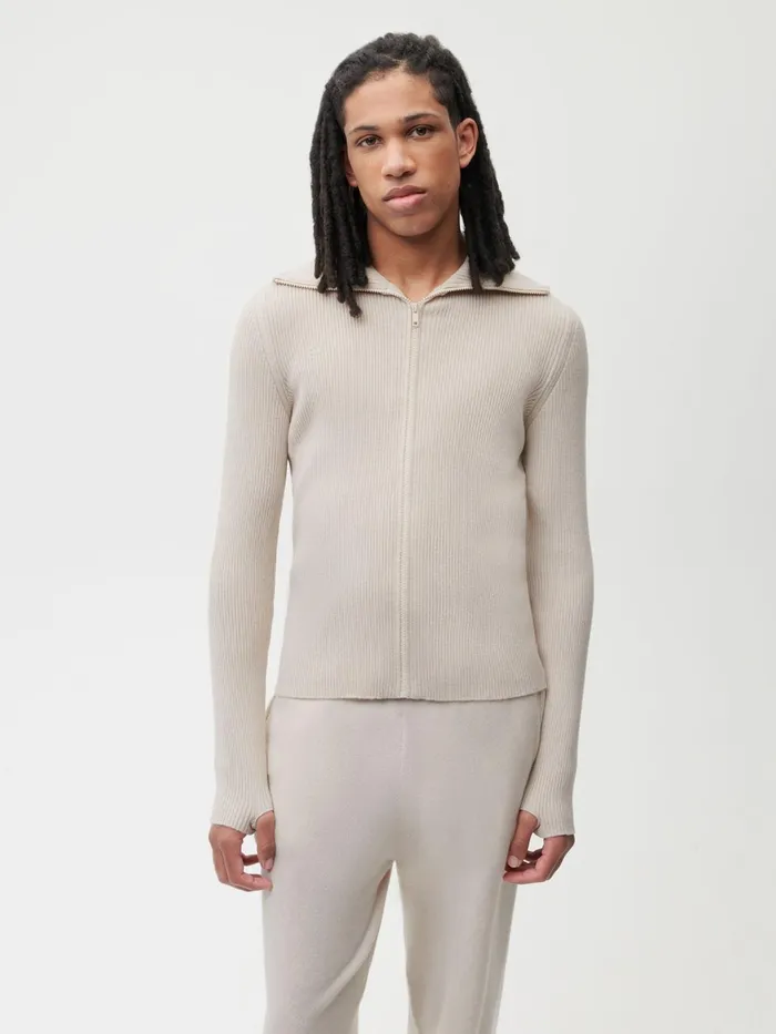 PANGAIA Recycled Cashmere Rib Zipped Top Oatmeal Women Knitwear