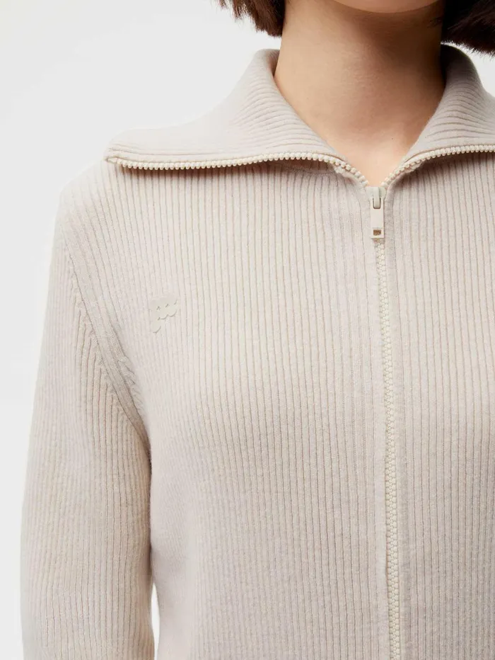 PANGAIA Recycled Cashmere Rib Zipped Top Oatmeal Women Knitwear