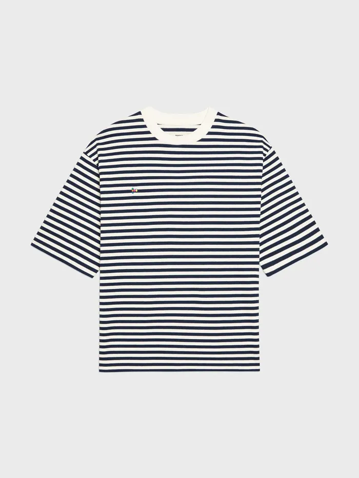 PANGAIA Recycled Cotton Stripe Boxy TShirt Navy Blue Women Tshirts and Tops