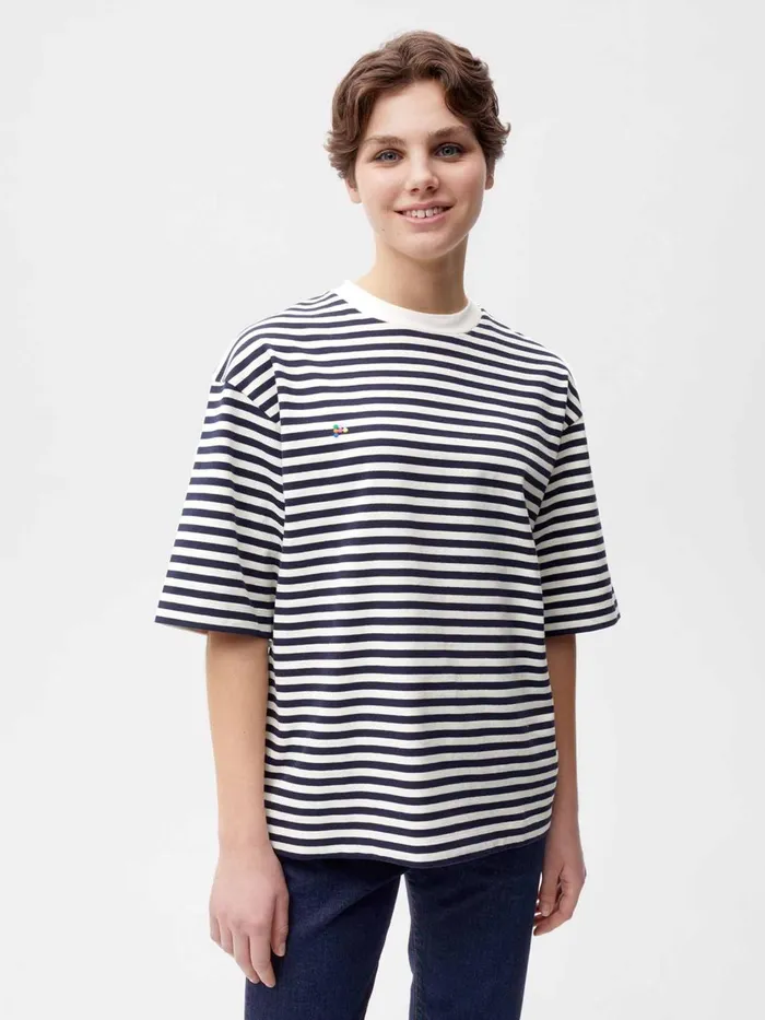 PANGAIA Recycled Cotton Stripe Boxy TShirt Navy Blue Women Tshirts and Tops