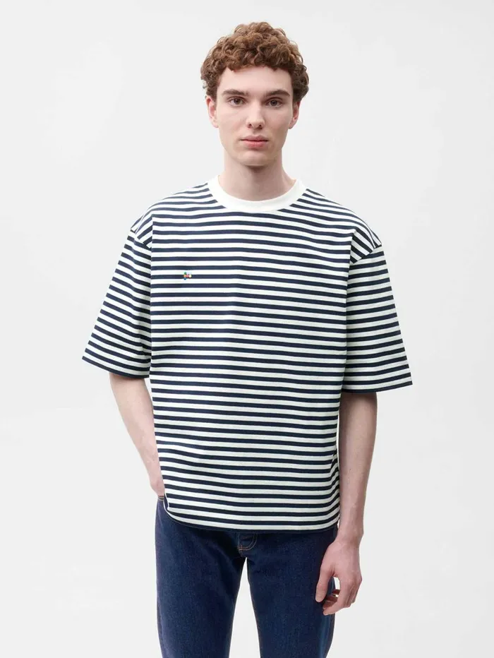 PANGAIA Recycled Cotton Stripe Boxy TShirt Navy Blue Women Tshirts and Tops