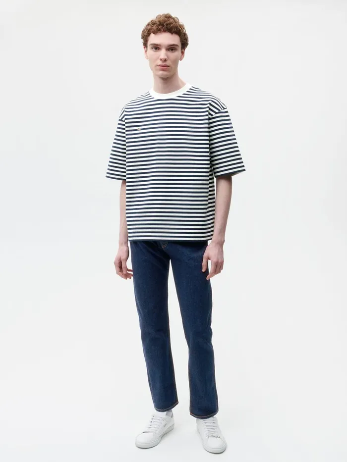PANGAIA Recycled Cotton Stripe Boxy TShirt Navy Blue Women Tshirts and Tops