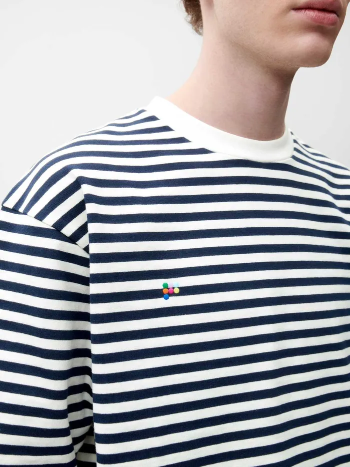 PANGAIA Recycled Cotton Stripe Boxy TShirt Navy Blue Women Tshirts and Tops