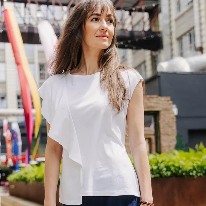 Peach Knit 8211 Draped Ruffle Top 8211 White 8211 Final Sale Women Clara Sunwoo Tops Tunics Peach Knit 8211 Draped Ruffle Top 8211 White 8211 Final Sale Women Clara Sunwoo Tops Tunics