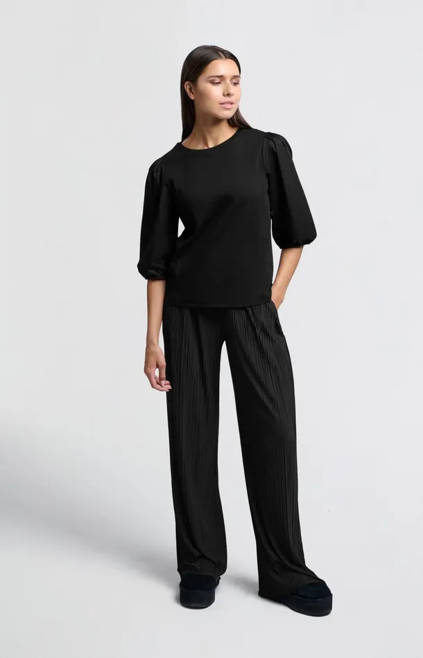 Pleated Trousers With Elastic Waistband And Wide Legs Black Women YAYA Trousers Pleated Trousers With Elastic Waistband And Wide Legs Black Women YAYA Trousers