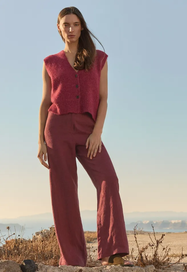 Poetry Fashion Cardigans Women Knitted Waistcoat Maroon Pink