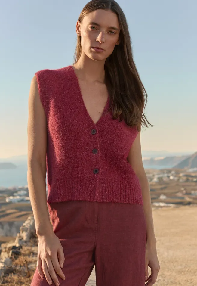 Poetry Fashion Cardigans Women Knitted Waistcoat Maroon Pink
