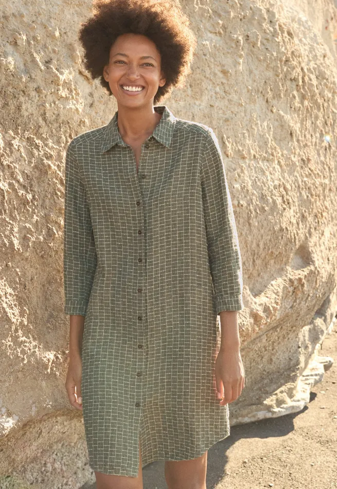 Poetry Fashion Dresses and Skirts Women Checked Shirtdress Soft Khaki