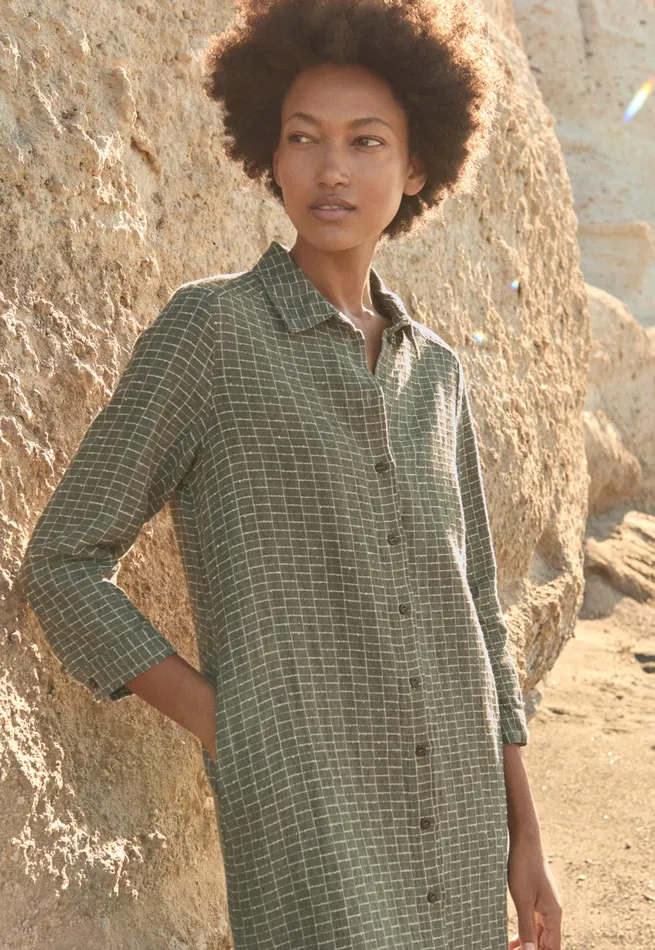 Poetry Fashion Dresses and Skirts Women Checked Shirtdress Soft Khaki
