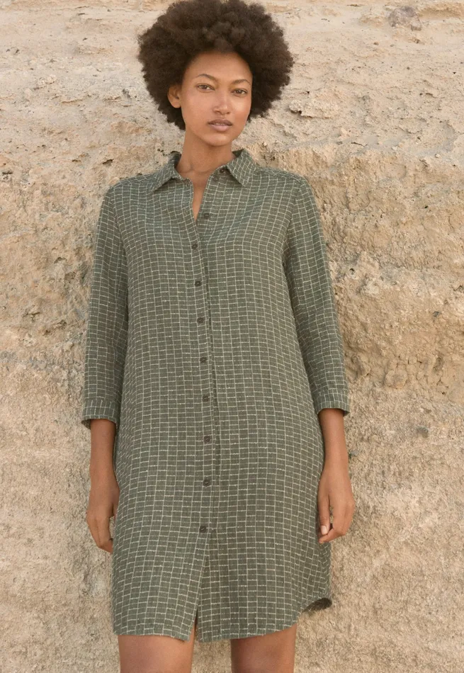 Poetry Fashion Dresses and Skirts Women Checked Shirtdress Soft Khaki