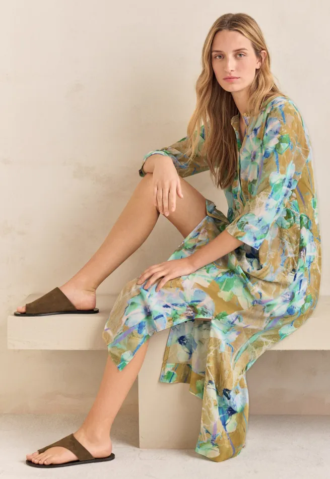 Poetry Fashion Dresses and Skirts Women Printed Dress Aqua Tan