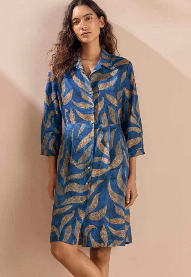 Poetry Fashion Dresses and Skirts Women Printed Pleatwaist Dress Blue Gold