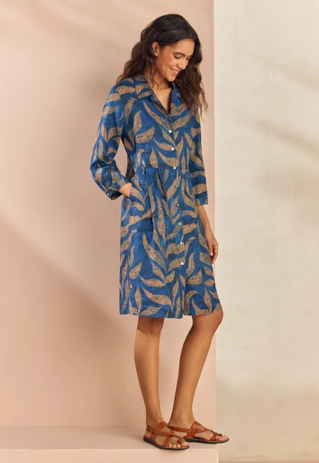Poetry Fashion Dresses and Skirts Women Printed Pleatwaist Dress Blue Gold