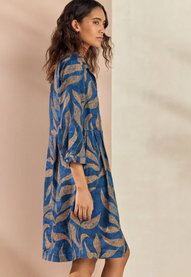 Poetry Fashion Dresses and Skirts Women Printed Pleatwaist Dress Blue Gold