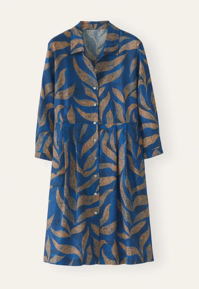 Poetry Fashion Dresses and Skirts Women Printed Pleatwaist Dress Blue Gold