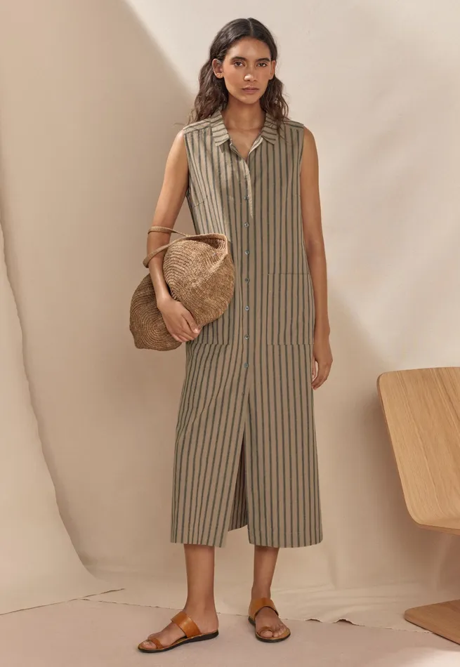 Poetry Fashion Dresses and Skirts Women Sleeveless Striped Dress Fawn Grey