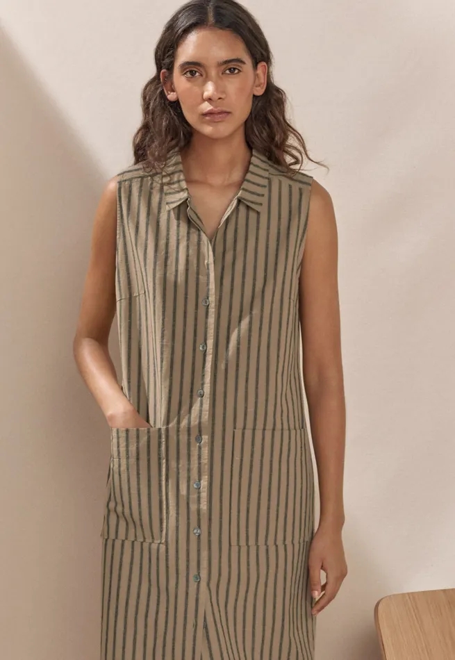Poetry Fashion Dresses and Skirts Women Sleeveless Striped Dress Fawn Grey