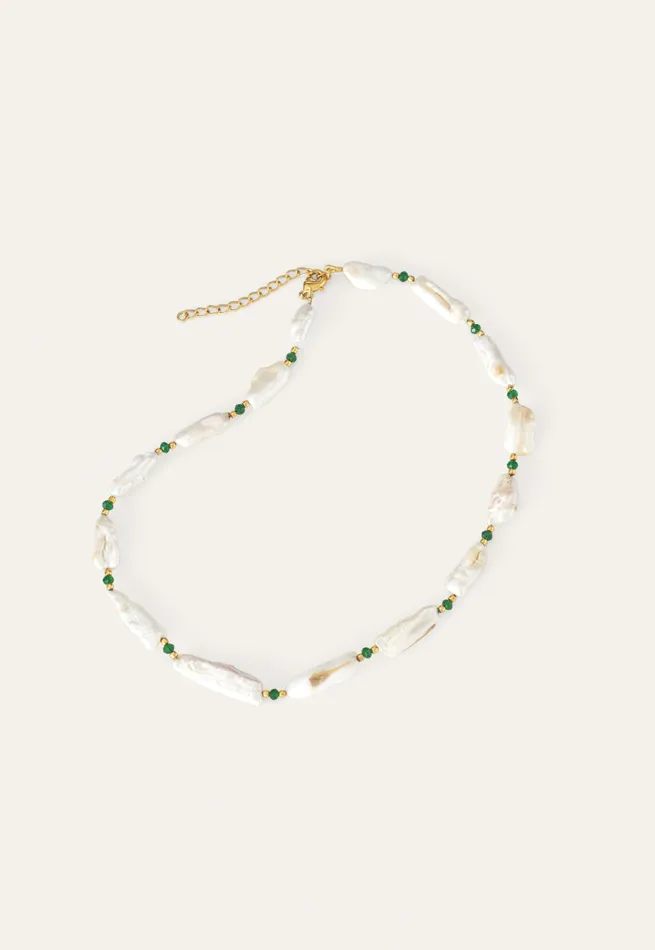 Poetry Fashion Jewellery Women Pearl and Emerald Bead Necklace Pearlgold And Emerald
