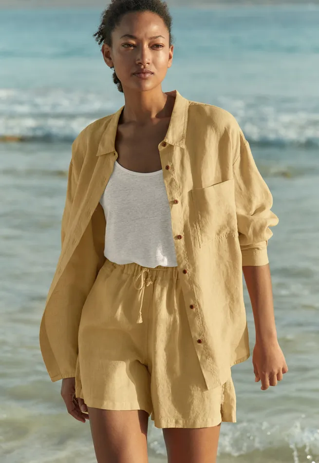 Poetry Fashion Shirts and Tunics Women Linen Overshirt Soft Gold